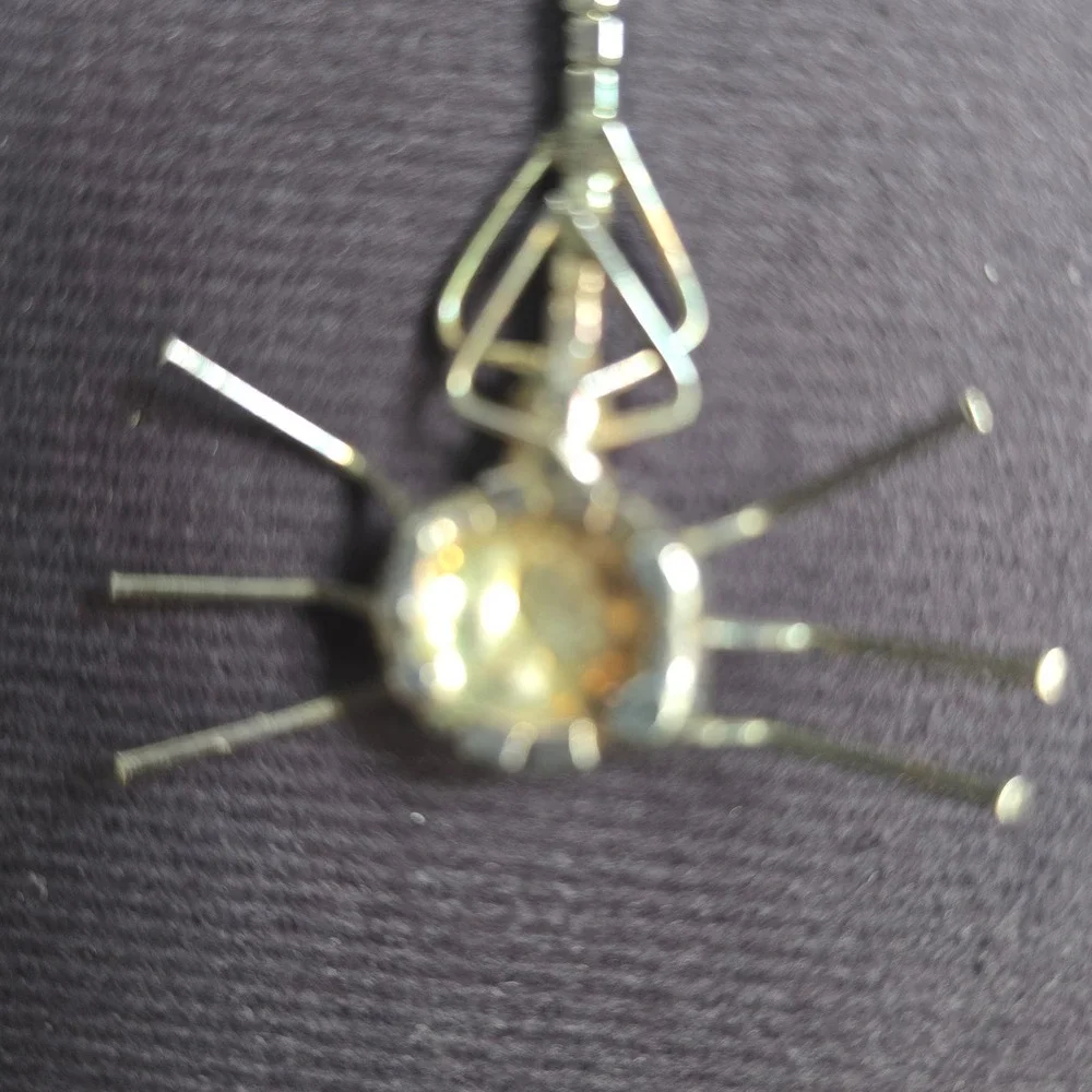 Vintage Silver Tone Rhinestone Spider Web Dangle Brooch Pin Black Cabochon 5in